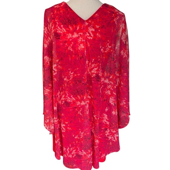Halston Heritage Red Print Chiffon Cape Overlap Mini Dress (M) - Picture 9 of 14